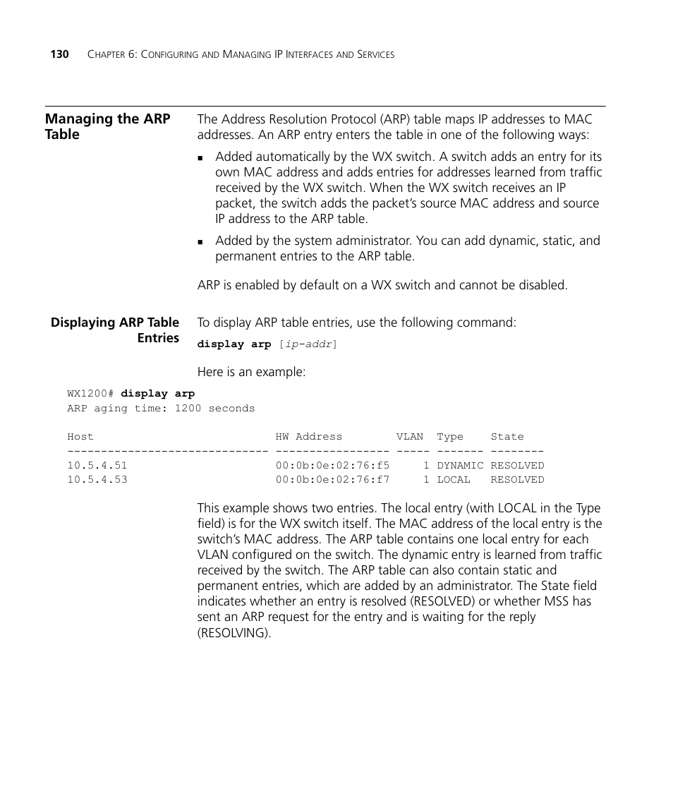 Managing the arp table, Displaying arp table entries | 3Com WX4400 3CRWX440095A User Manual | Page 130 / 728