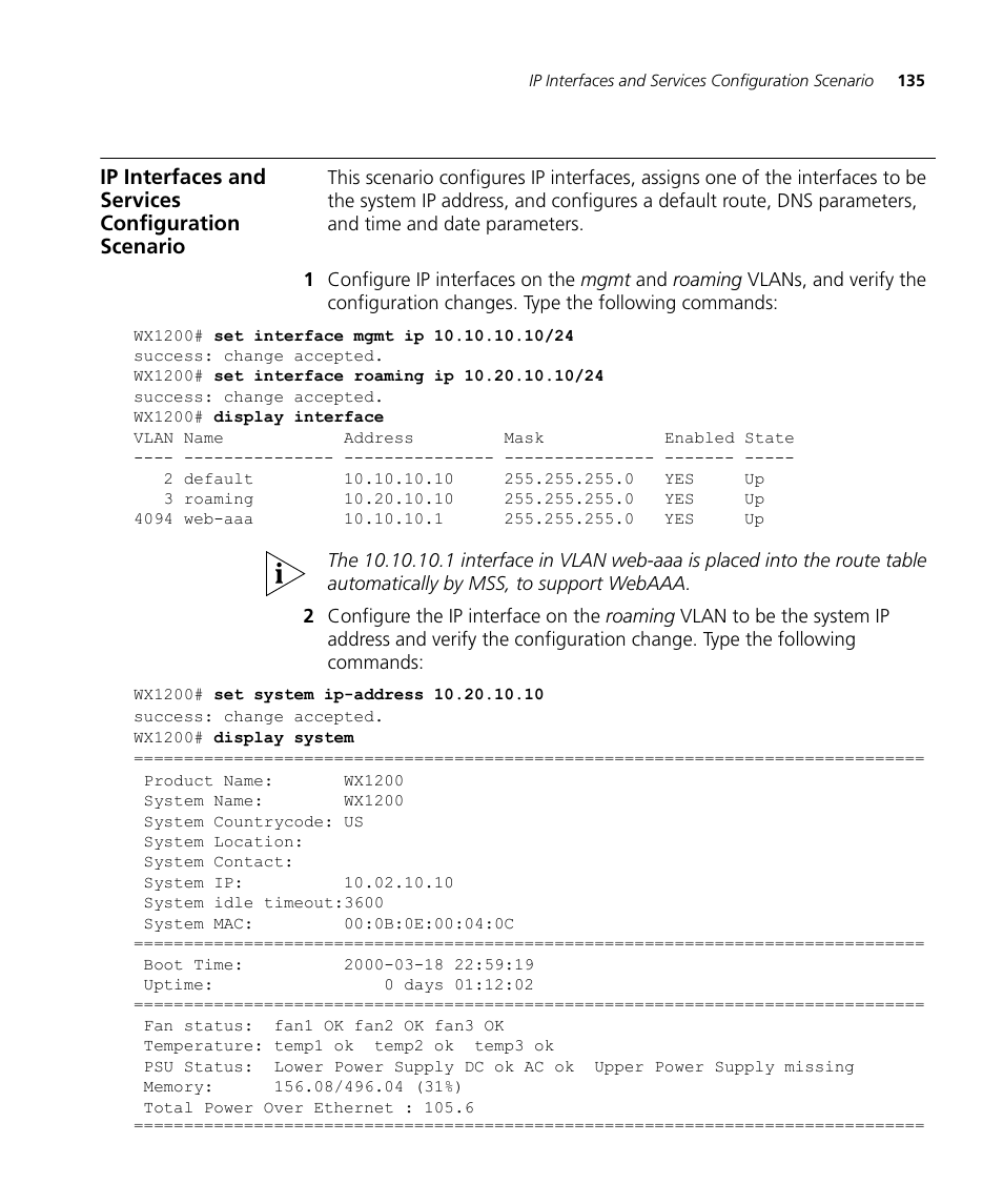 Ip interfaces and services configuration scenario | 3Com WX4400 3CRWX440095A User Manual | Page 135 / 728