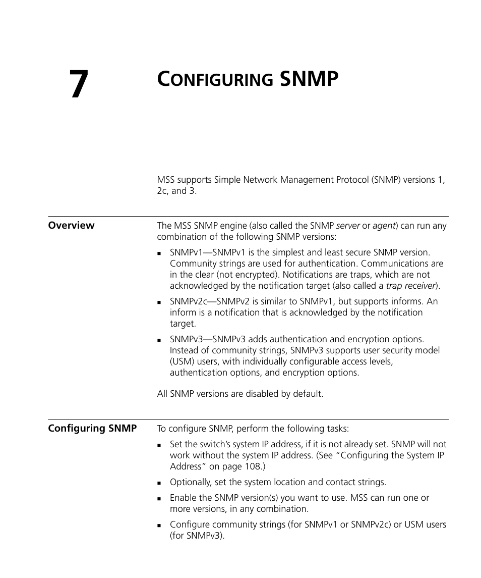 Configuring snmp, Overview, Onfiguring | Snmp | 3Com WX4400 3CRWX440095A User Manual | Page 139 / 728