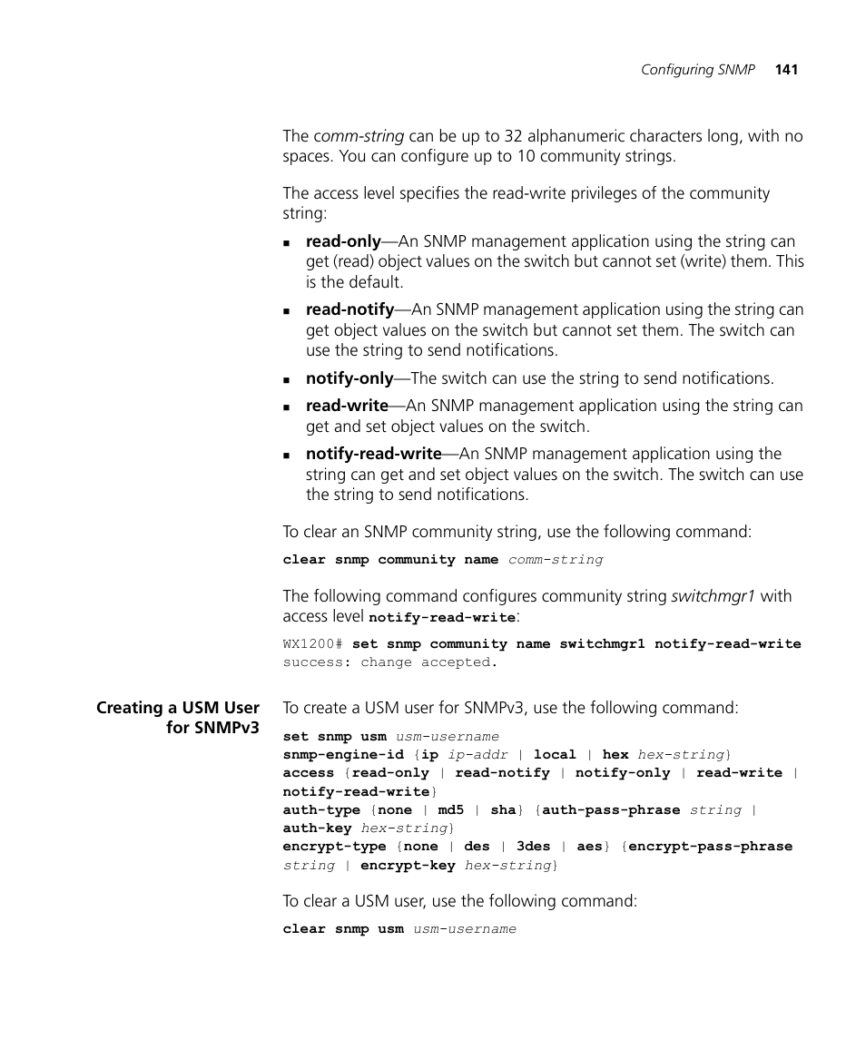 Creating a usm user for snmpv3 | 3Com WX4400 3CRWX440095A User Manual | Page 141 / 728