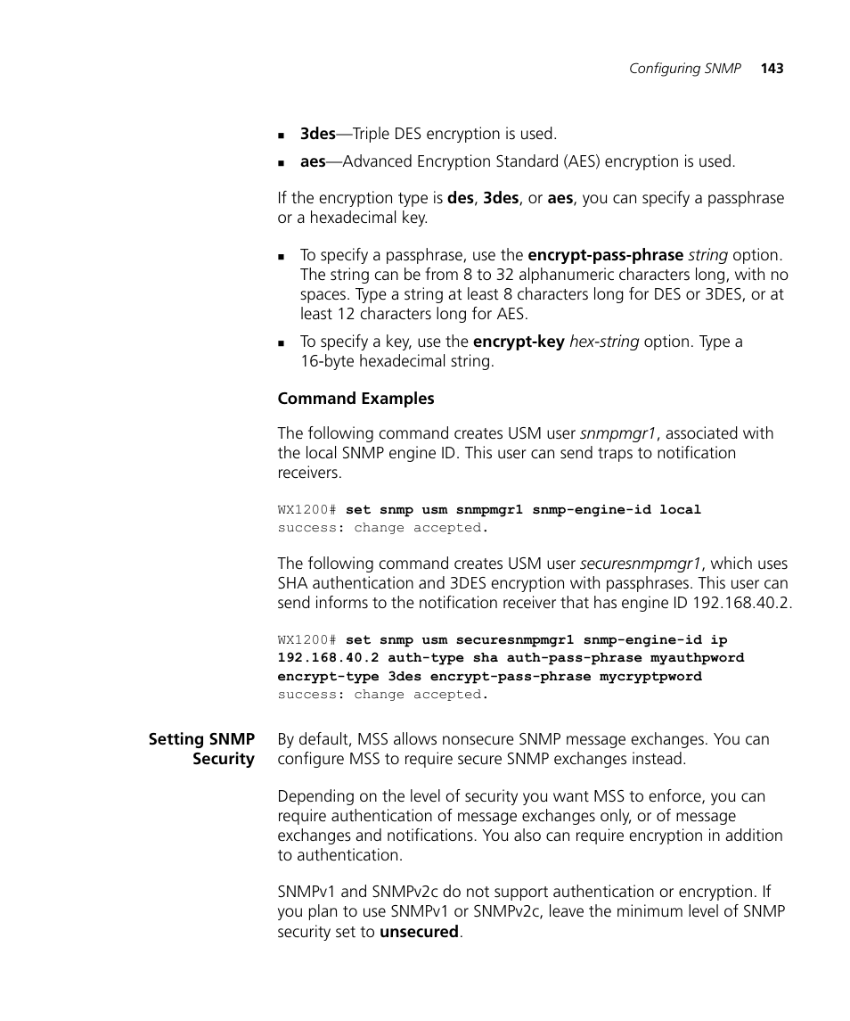 Command examples, Setting snmp security | 3Com WX4400 3CRWX440095A User Manual | Page 143 / 728