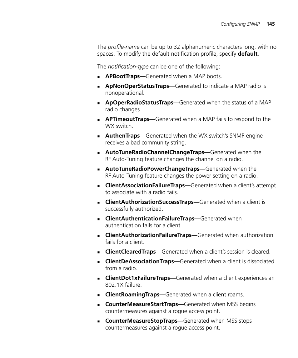 Apboottraps— generated when a map boots, Clientroamingtraps— generated when a client roams | 3Com WX4400 3CRWX440095A User Manual | Page 145 / 728