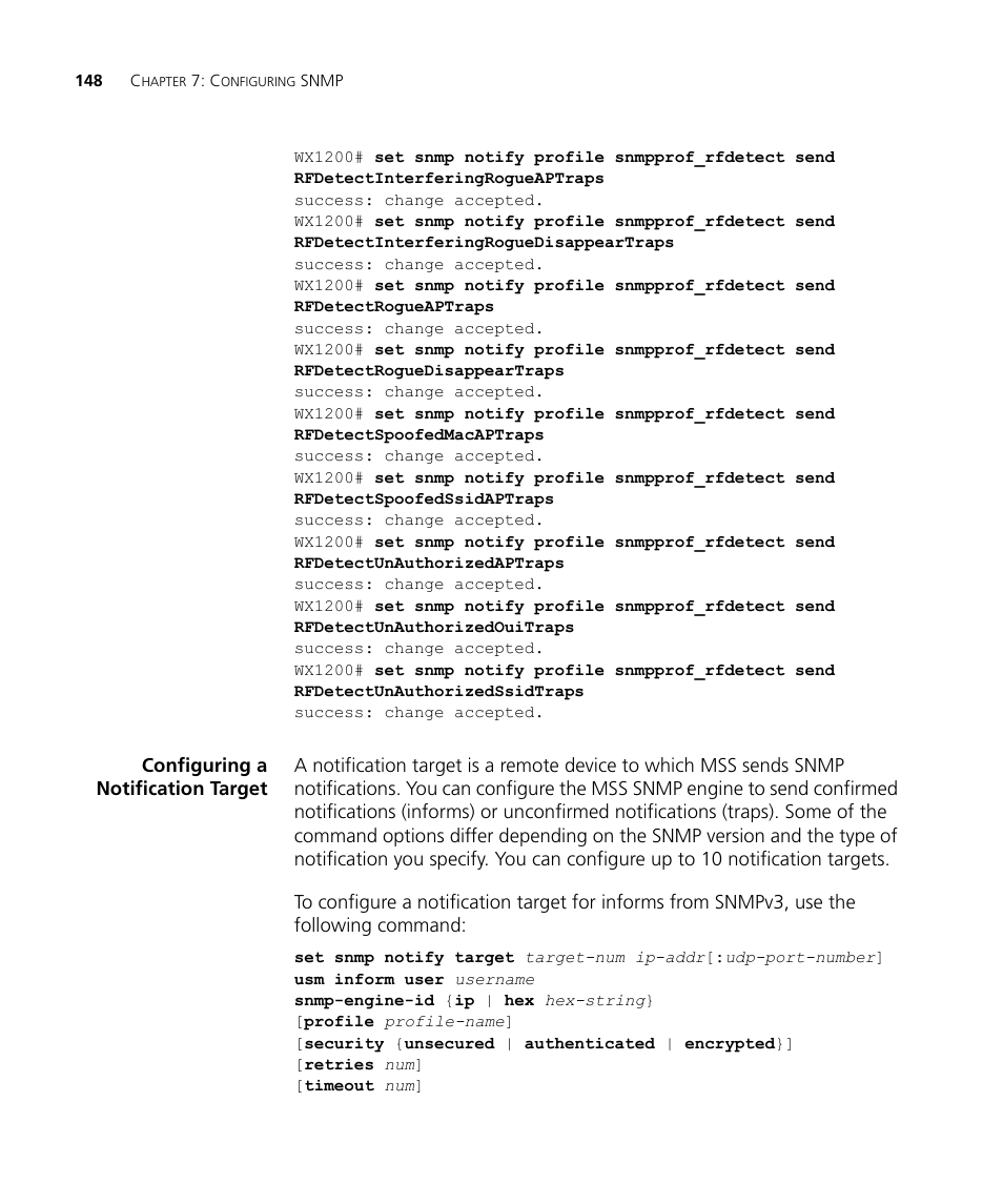 Configuring a notification target | 3Com WX4400 3CRWX440095A User Manual | Page 148 / 728