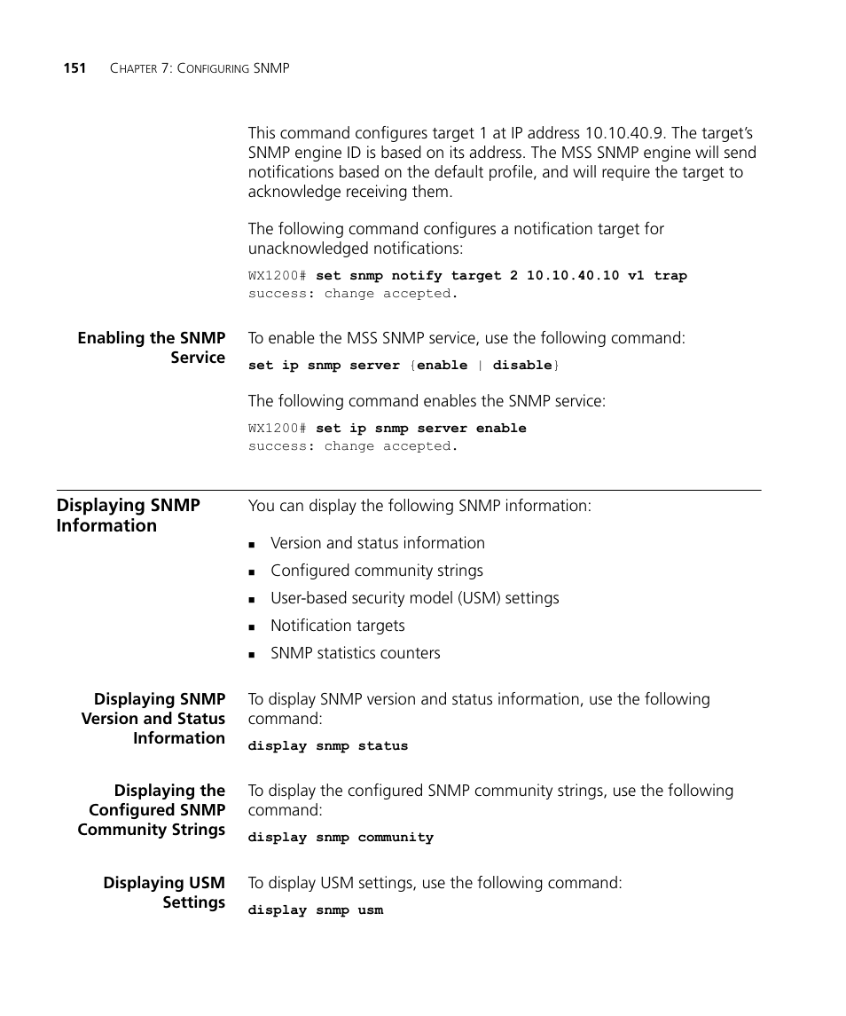 Enabling the snmp service, Displaying snmp information, Displaying snmp version and status information | Displaying the configured snmp community strings, Displaying usm settings | 3Com WX4400 3CRWX440095A User Manual | Page 151 / 728
