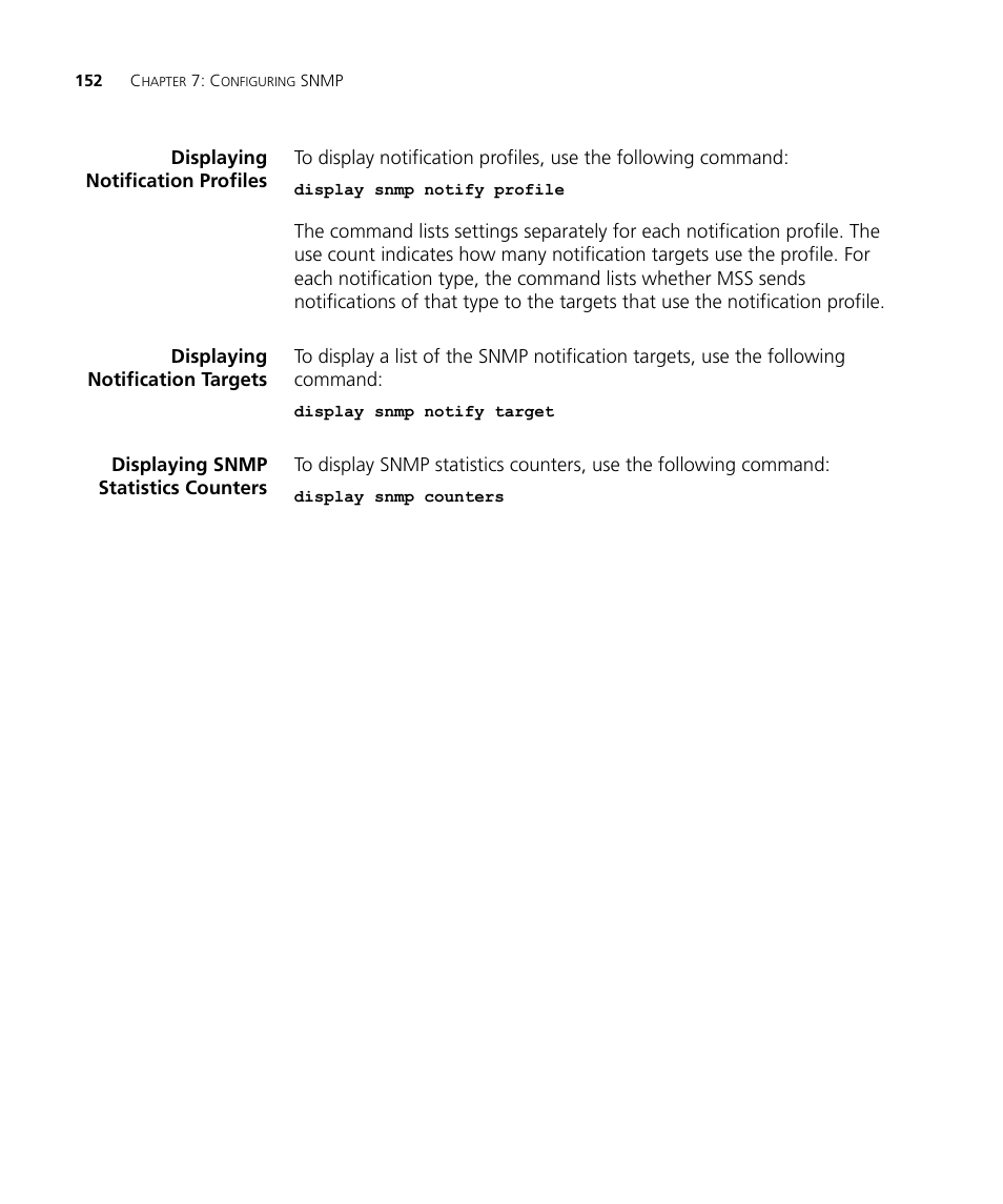Displaying notification profiles, Displaying notification targets, Displaying snmp statistics counters | 3Com WX4400 3CRWX440095A User Manual | Page 152 / 728