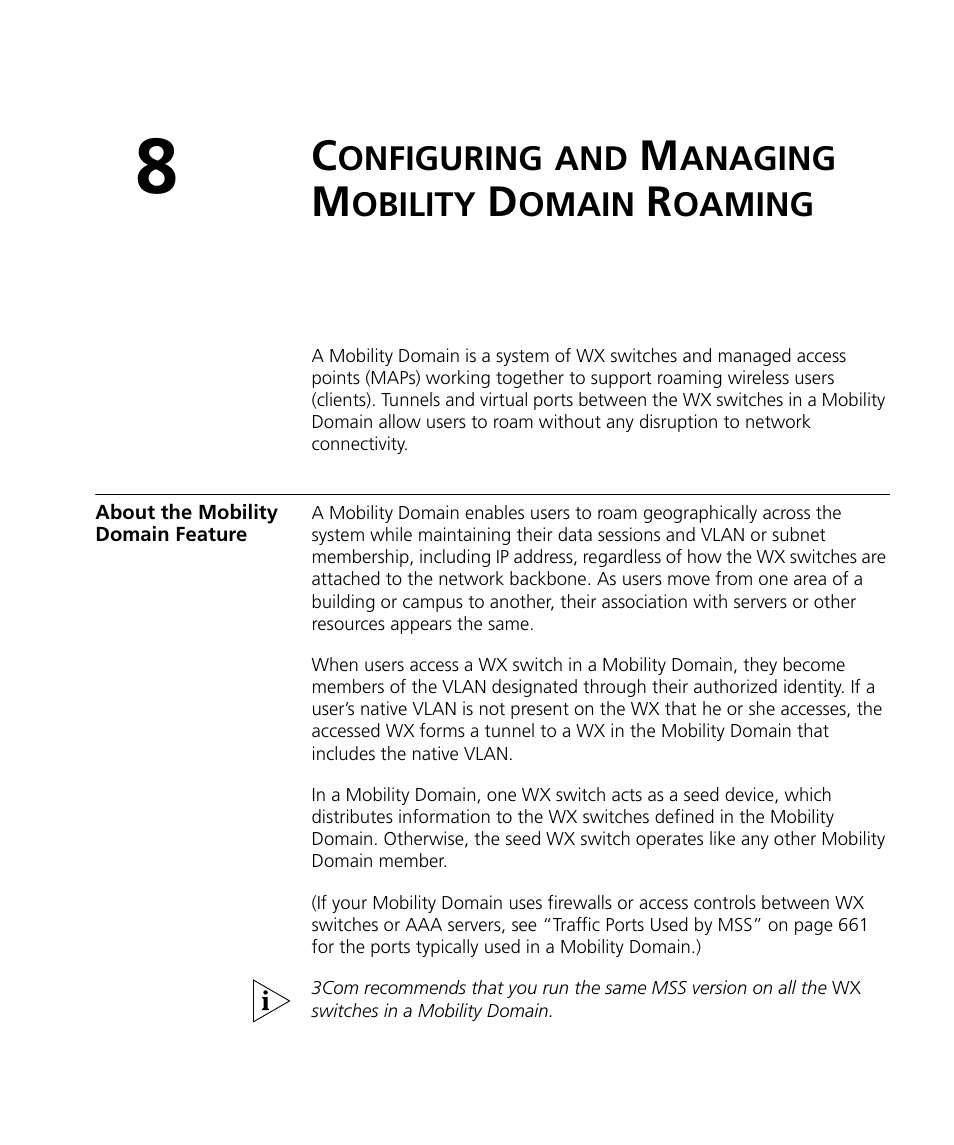 Configuring and managing mobility domain roaming, About the mobility domain feature, Onfiguring | Anaging, Obility, Omain, Oaming | 3Com WX4400 3CRWX440095A User Manual | Page 153 / 728