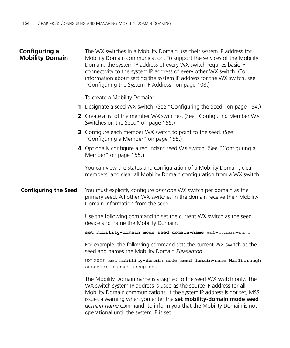 Configuring a mobility domain, Configuring the seed | 3Com WX4400 3CRWX440095A User Manual | Page 154 / 728