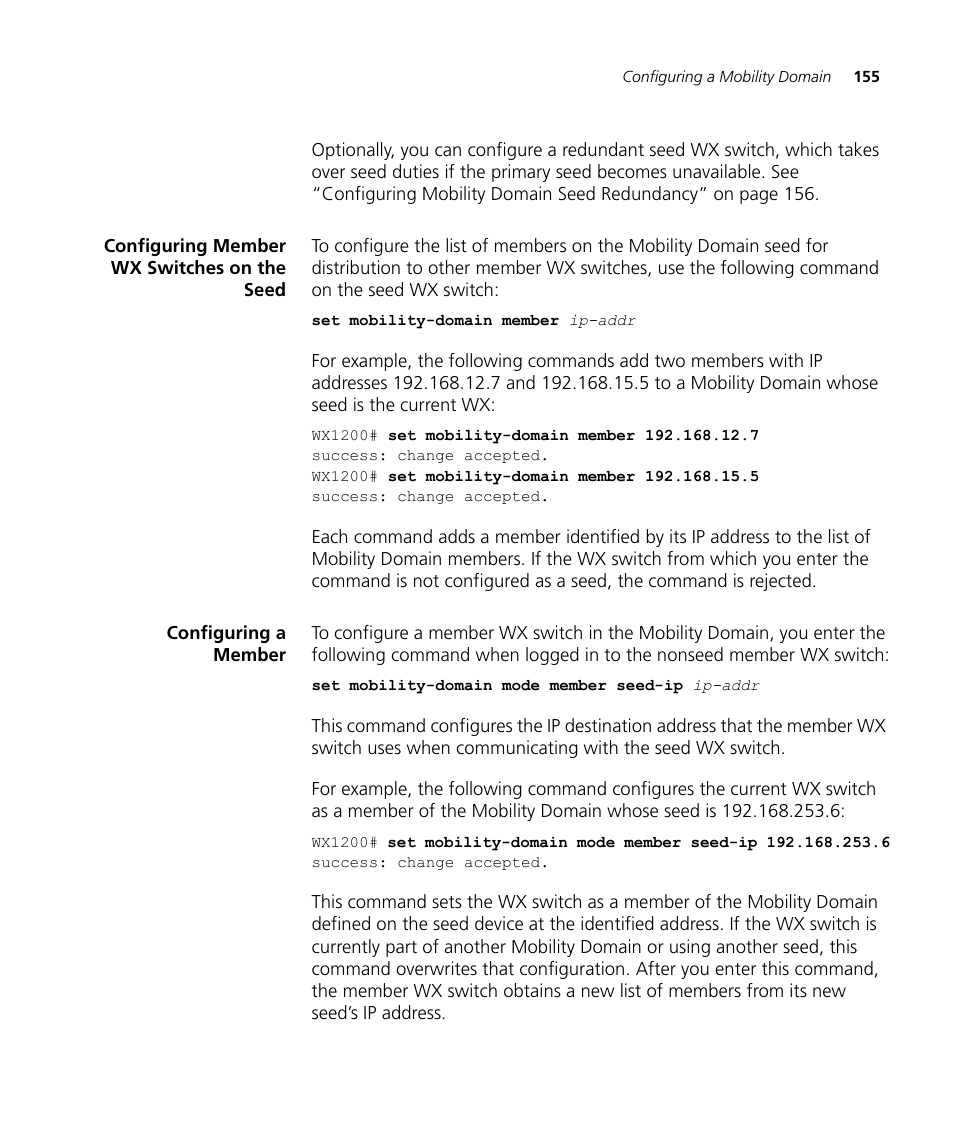 Configuring member wx switches on the seed, Configuring a member, See “configuring member wx | Switch. (see “configuring a | 3Com WX4400 3CRWX440095A User Manual | Page 155 / 728