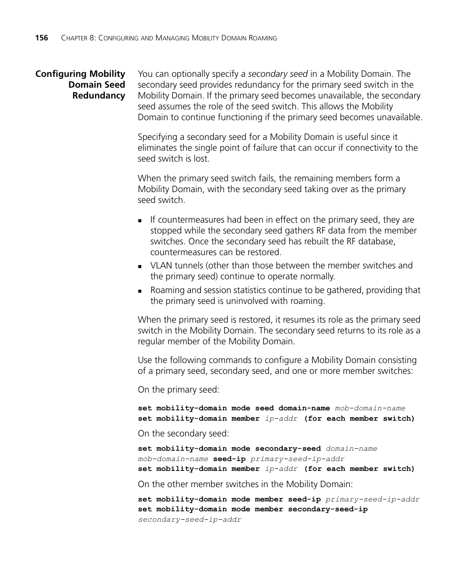 Configuring mobility domain seed redundancy | 3Com WX4400 3CRWX440095A User Manual | Page 156 / 728