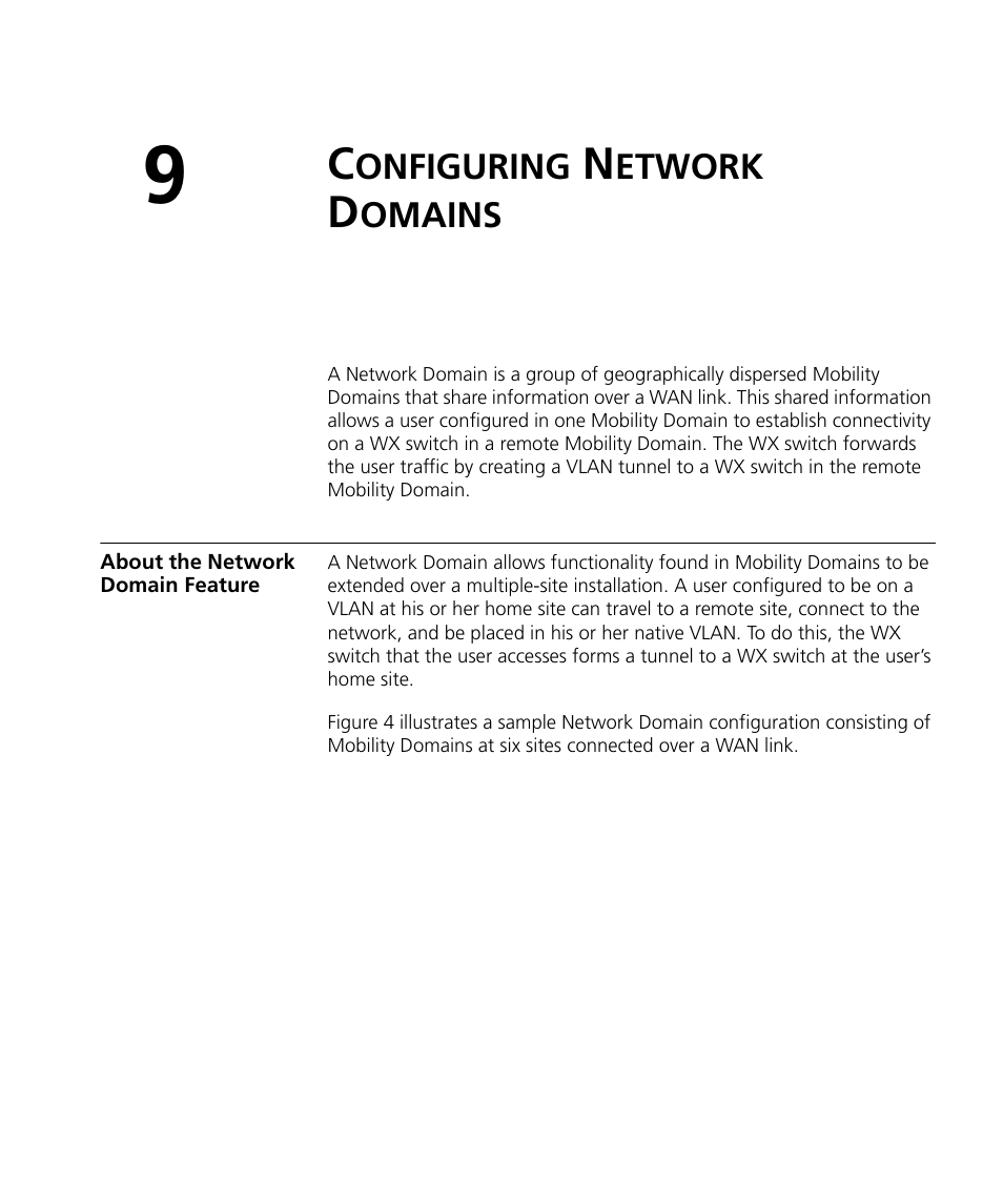 Configuring network domains, About the network domain feature, Onfiguring | Etwork, Omains | 3Com WX4400 3CRWX440095A User Manual | Page 165 / 728