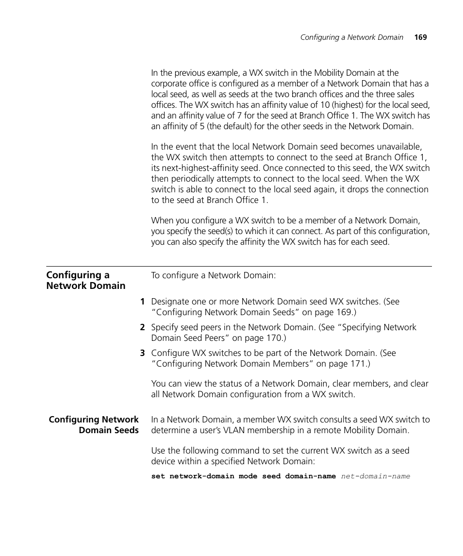 Configuring a network domain, Configuring network domain seeds | 3Com WX4400 3CRWX440095A User Manual | Page 169 / 728