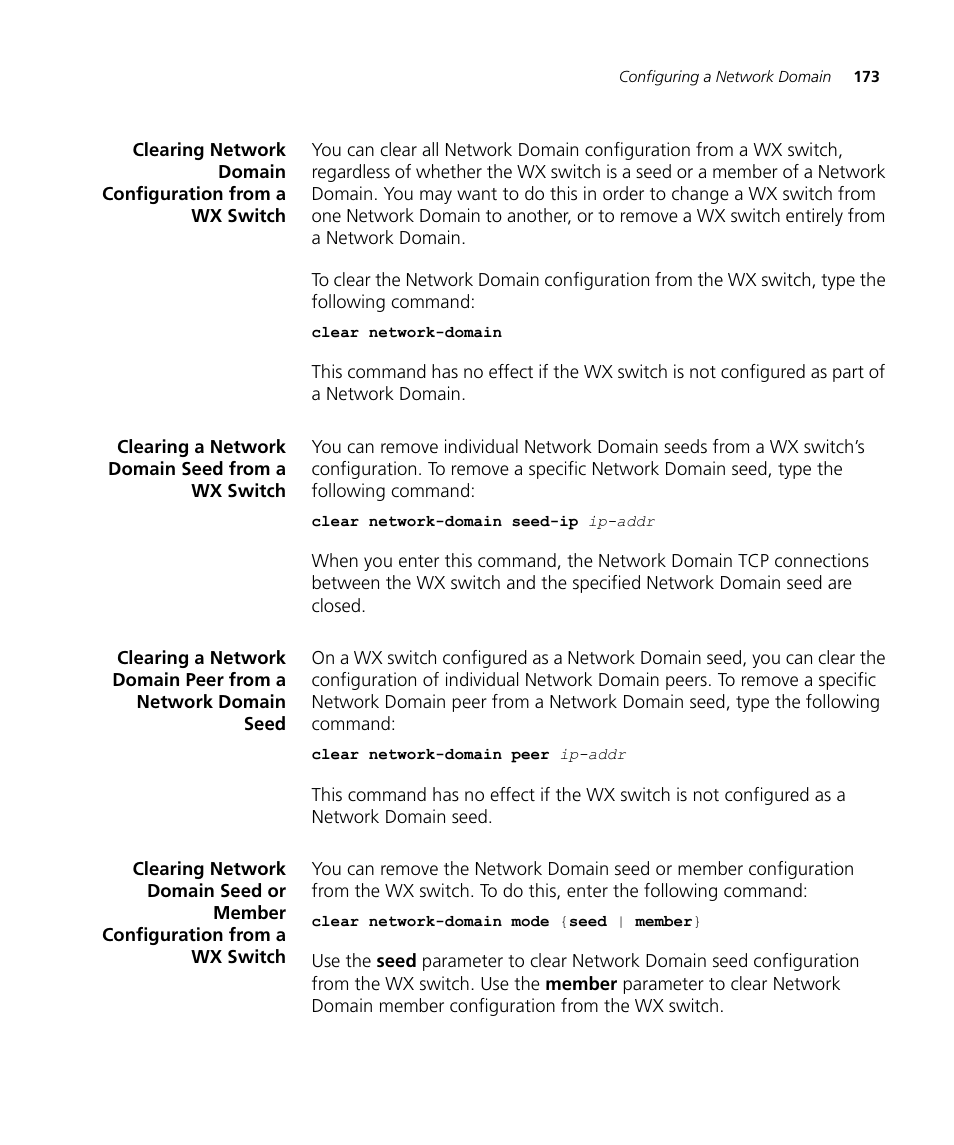 Clearing a network domain seed from a wx switch | 3Com WX4400 3CRWX440095A User Manual | Page 173 / 728