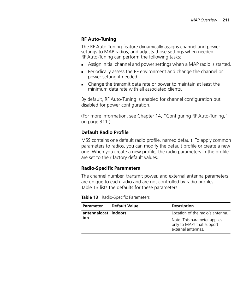 Rf autotuning, Default radio profile, Radio-specific parameters | 3Com WX4400 3CRWX440095A User Manual | Page 211 / 728