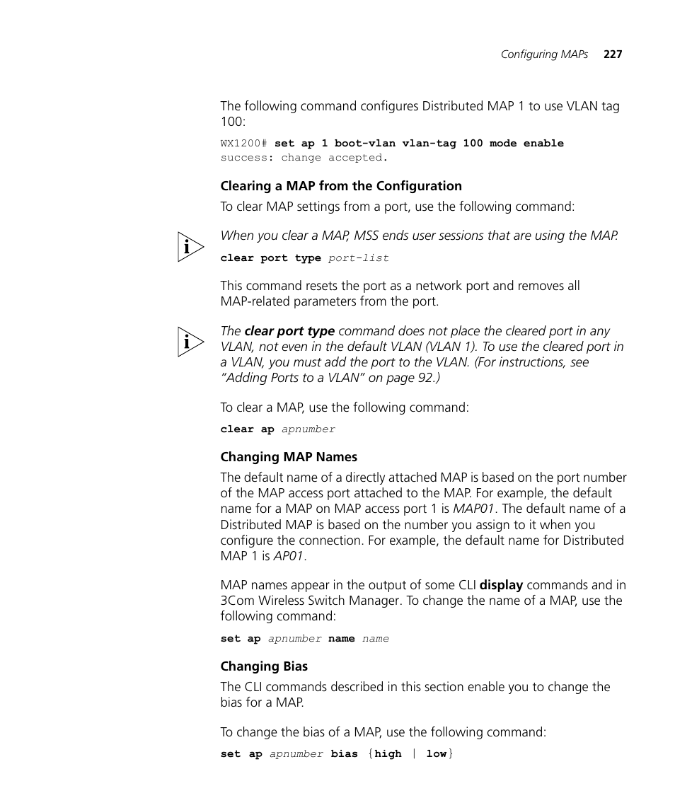 Clearing a map from the configuration, Changing map names, Changing bias | 3Com WX4400 3CRWX440095A User Manual | Page 227 / 728