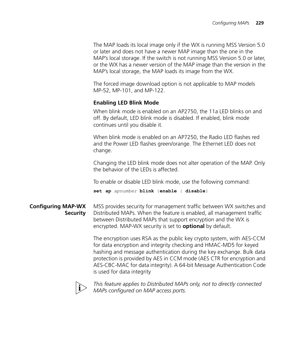 Enabling led blink mode, Configuring map-wx security | 3Com WX4400 3CRWX440095A User Manual | Page 229 / 728