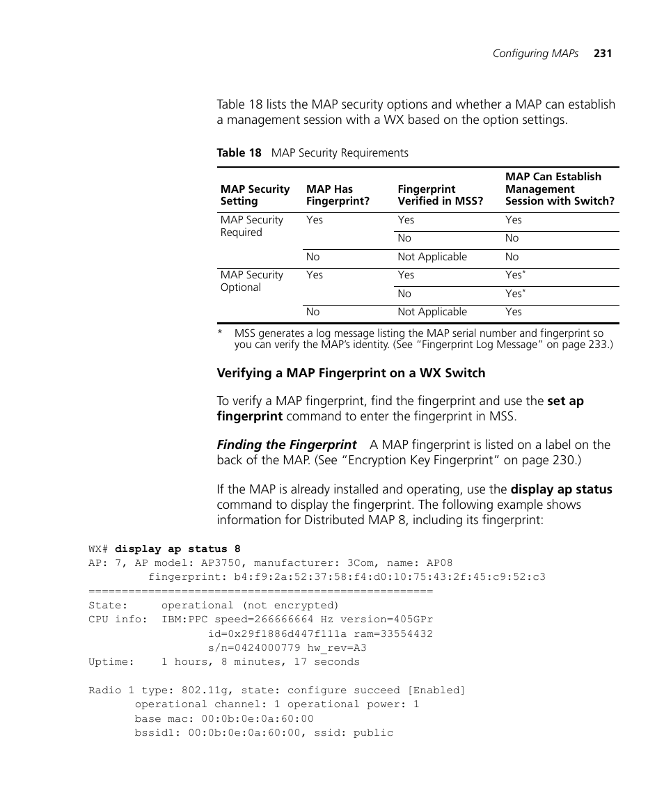 Verifying a map fingerprint on a wx switch | 3Com WX4400 3CRWX440095A User Manual | Page 231 / 728