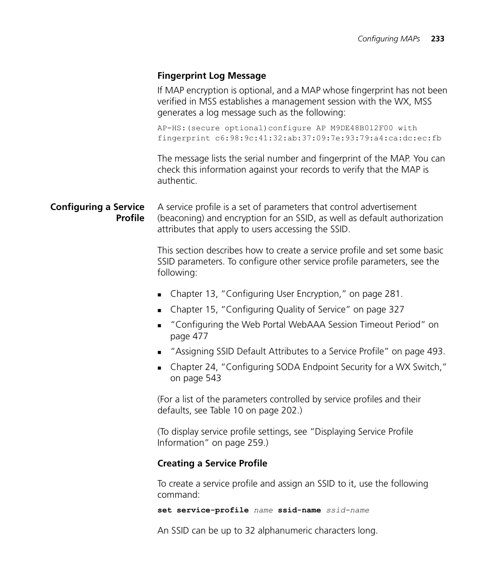 Fingerprint log message, Configuring a service profile, Creating a service profile | 3Com WX4400 3CRWX440095A User Manual | Page 233 / 728
