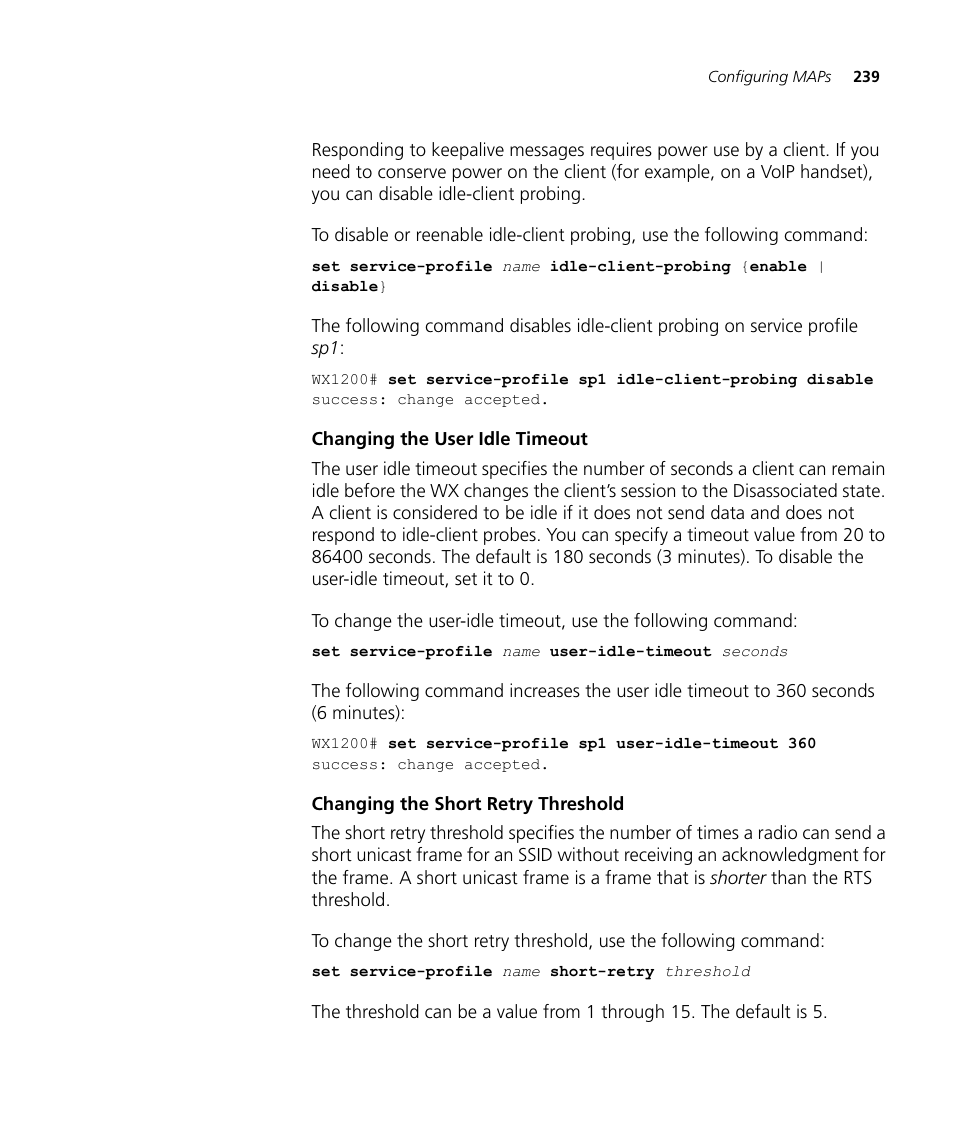 Changing the user idle timeout, Changing the short retry threshold | 3Com WX4400 3CRWX440095A User Manual | Page 239 / 728