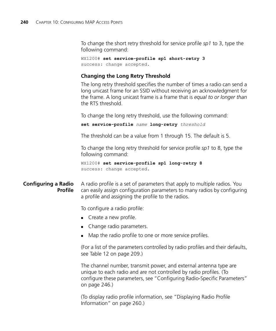 Changing the long retry threshold, Configuring a radio profile | 3Com WX4400 3CRWX440095A User Manual | Page 240 / 728
