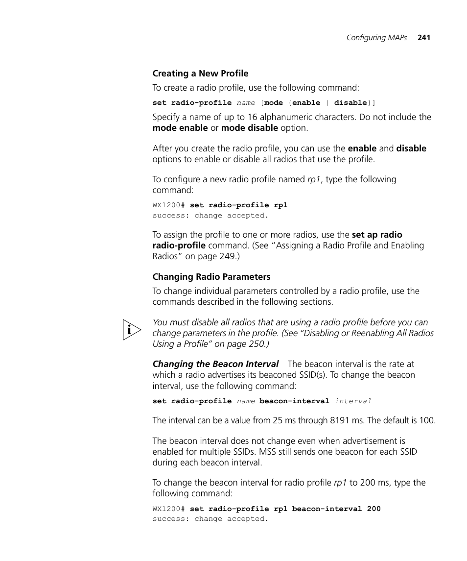 Creating a new profile, Changing radio parameters | 3Com WX4400 3CRWX440095A User Manual | Page 241 / 728