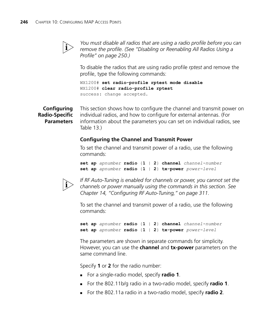 Configuring radio-specific parameters, Configuring the channel and transmit power | 3Com WX4400 3CRWX440095A User Manual | Page 246 / 728