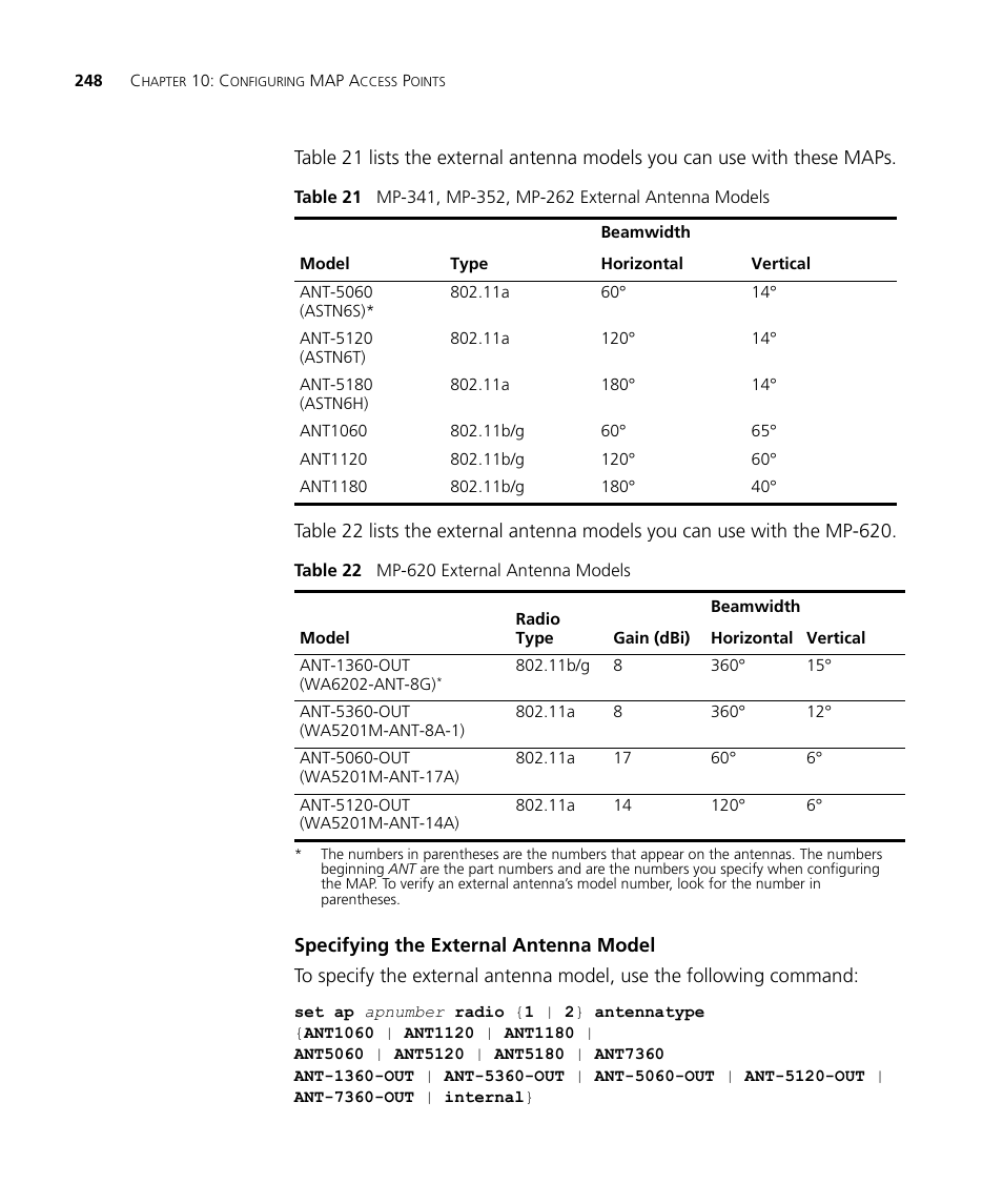 Specifying the external antenna model | 3Com WX4400 3CRWX440095A User Manual | Page 248 / 728