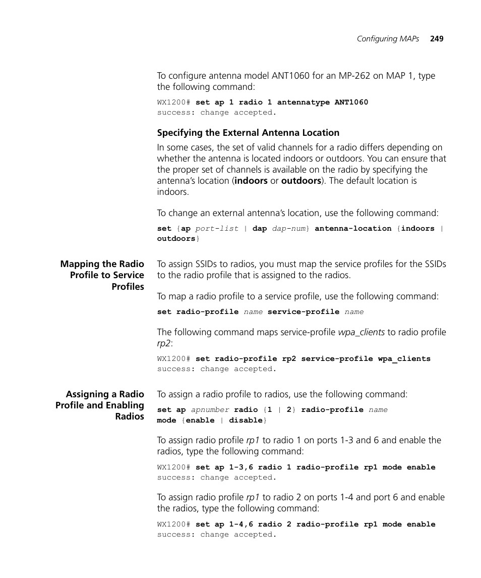 Specifying the external antenna location, Mapping the radio profile to service profiles, Assigning a radio profile and enabling radios | 3Com WX4400 3CRWX440095A User Manual | Page 249 / 728