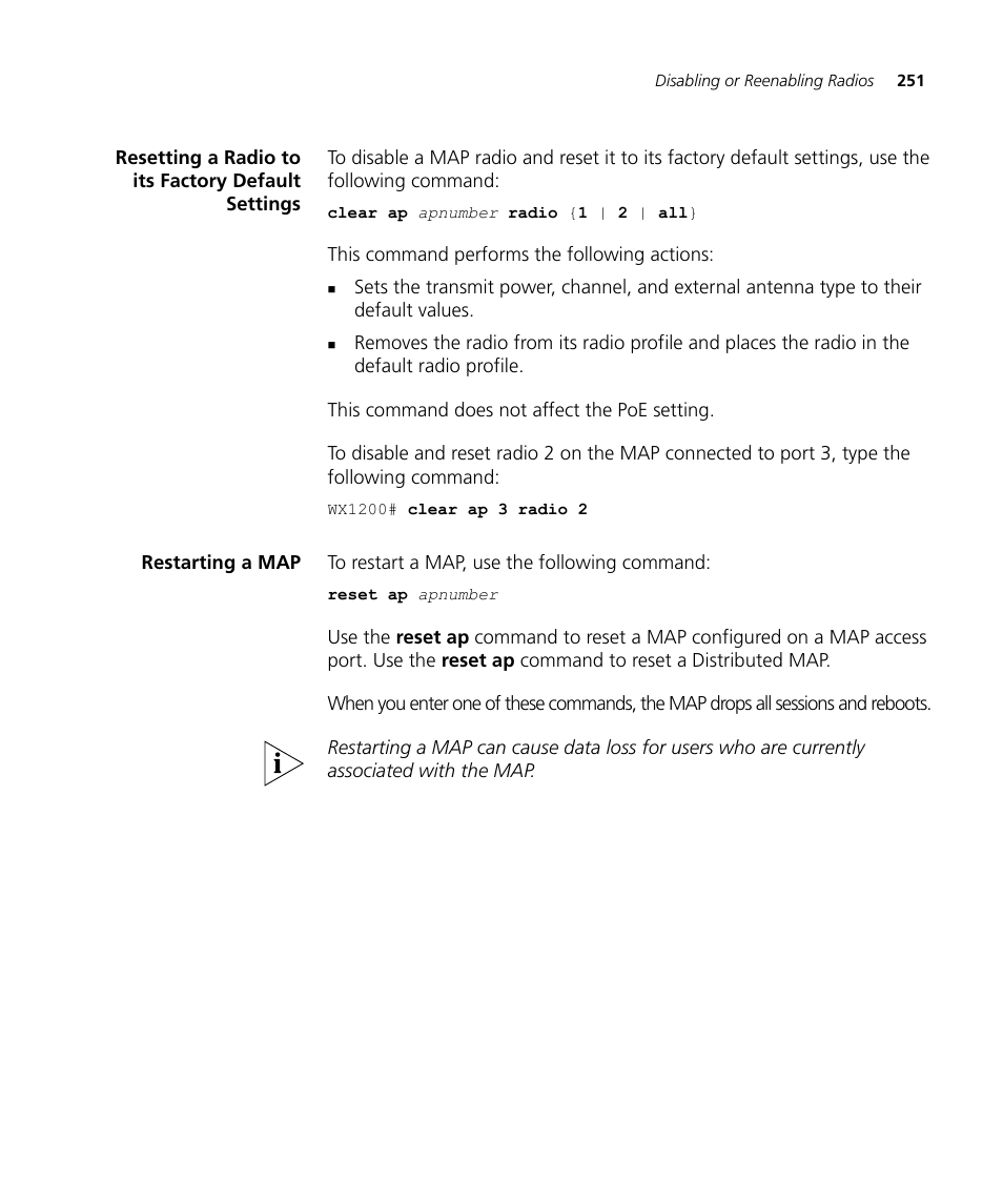 Resetting a radio to its factory default settings, Restarting a map | 3Com WX4400 3CRWX440095A User Manual | Page 251 / 728