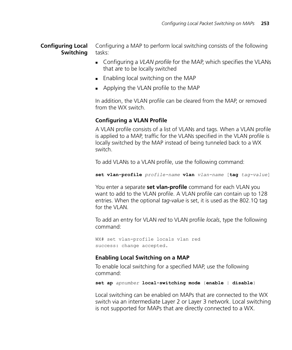 Configuring local switching, Configuring a vlan profile, Enabling local switching on a map | 3Com WX4400 3CRWX440095A User Manual | Page 253 / 728