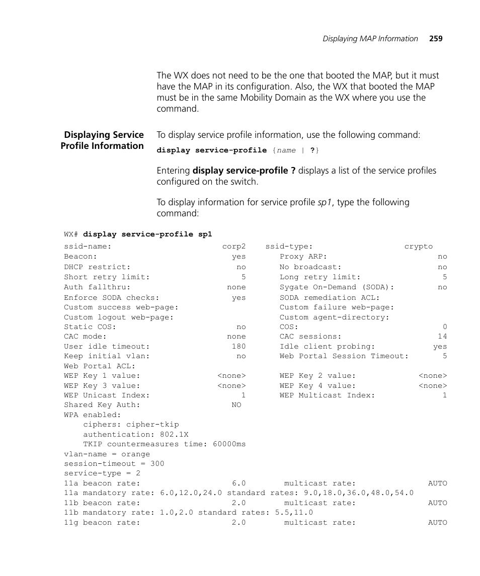 Displaying service profile information | 3Com WX4400 3CRWX440095A User Manual | Page 259 / 728