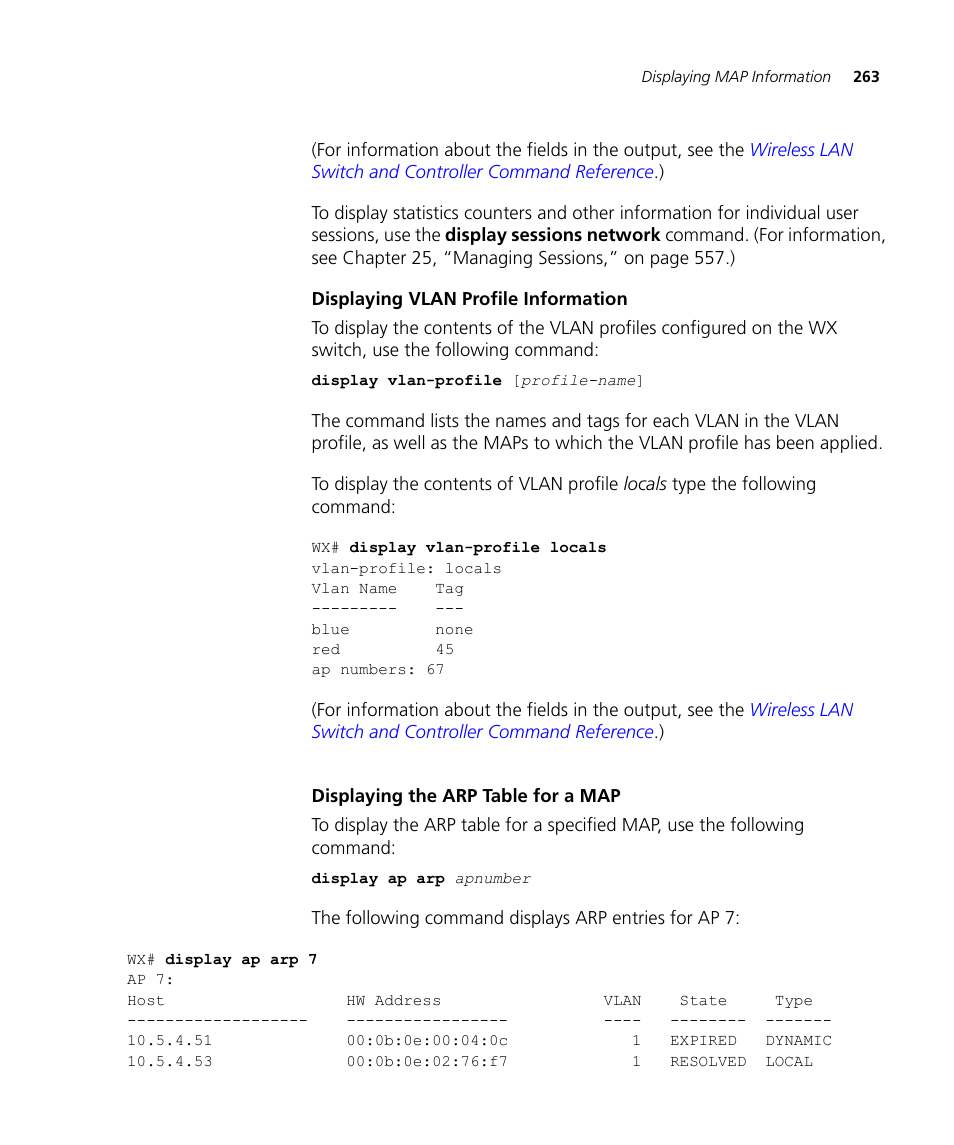 Displaying vlan profile information, Displaying the arp table for a map | 3Com WX4400 3CRWX440095A User Manual | Page 263 / 728
