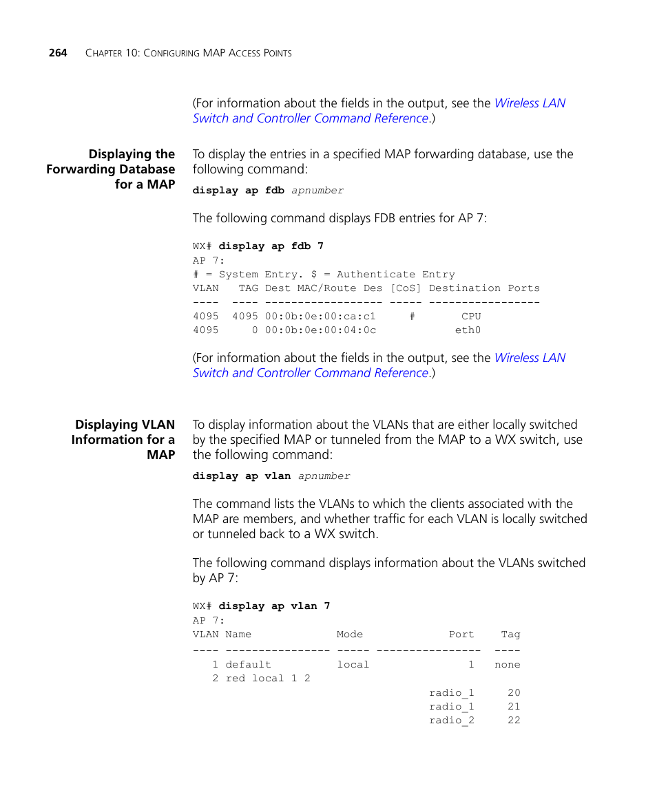 Displaying the forwarding database for a map, Displaying vlan information for a map | 3Com WX4400 3CRWX440095A User Manual | Page 264 / 728