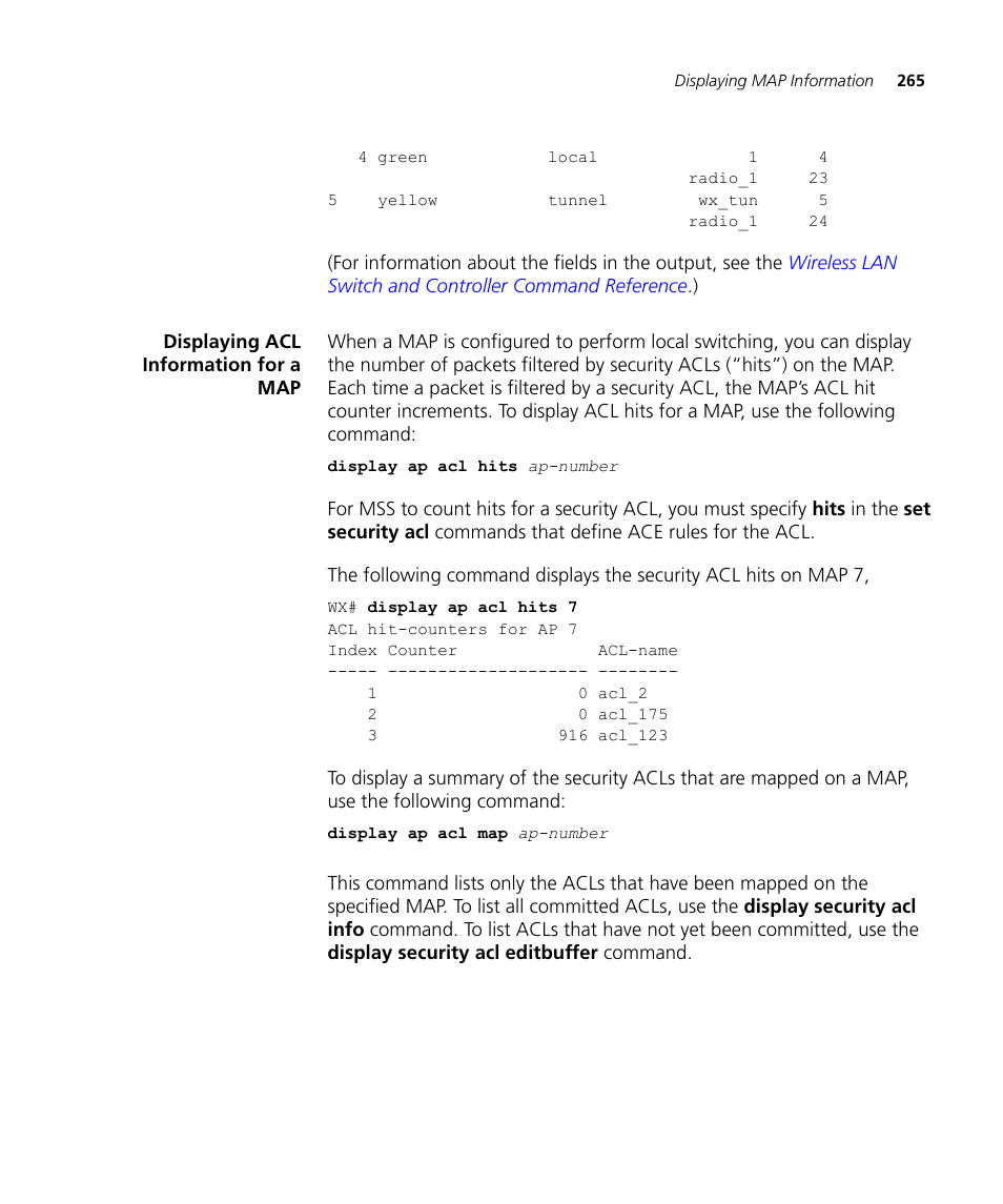 Displaying acl information for a map | 3Com WX4400 3CRWX440095A User Manual | Page 265 / 728