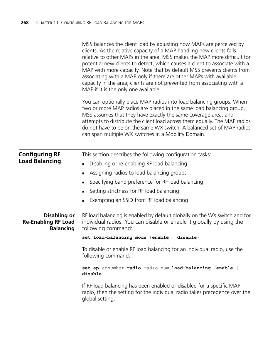 Configuring rf load balancing, Disabling or re-enabling rf load balancing | 3Com WX4400 3CRWX440095A User Manual | Page 268 / 728