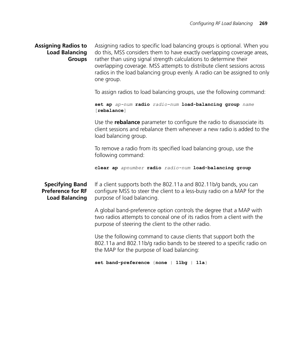 Assigning radios to load balancing groups, Specifying band preference for rf load balancing | 3Com WX4400 3CRWX440095A User Manual | Page 269 / 728