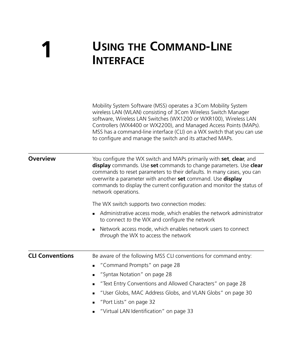 Using the command-line interface, Overview, Cli conventions | Sing, Ommand, Nterface | 3Com WX4400 3CRWX440095A User Manual | Page 27 / 728