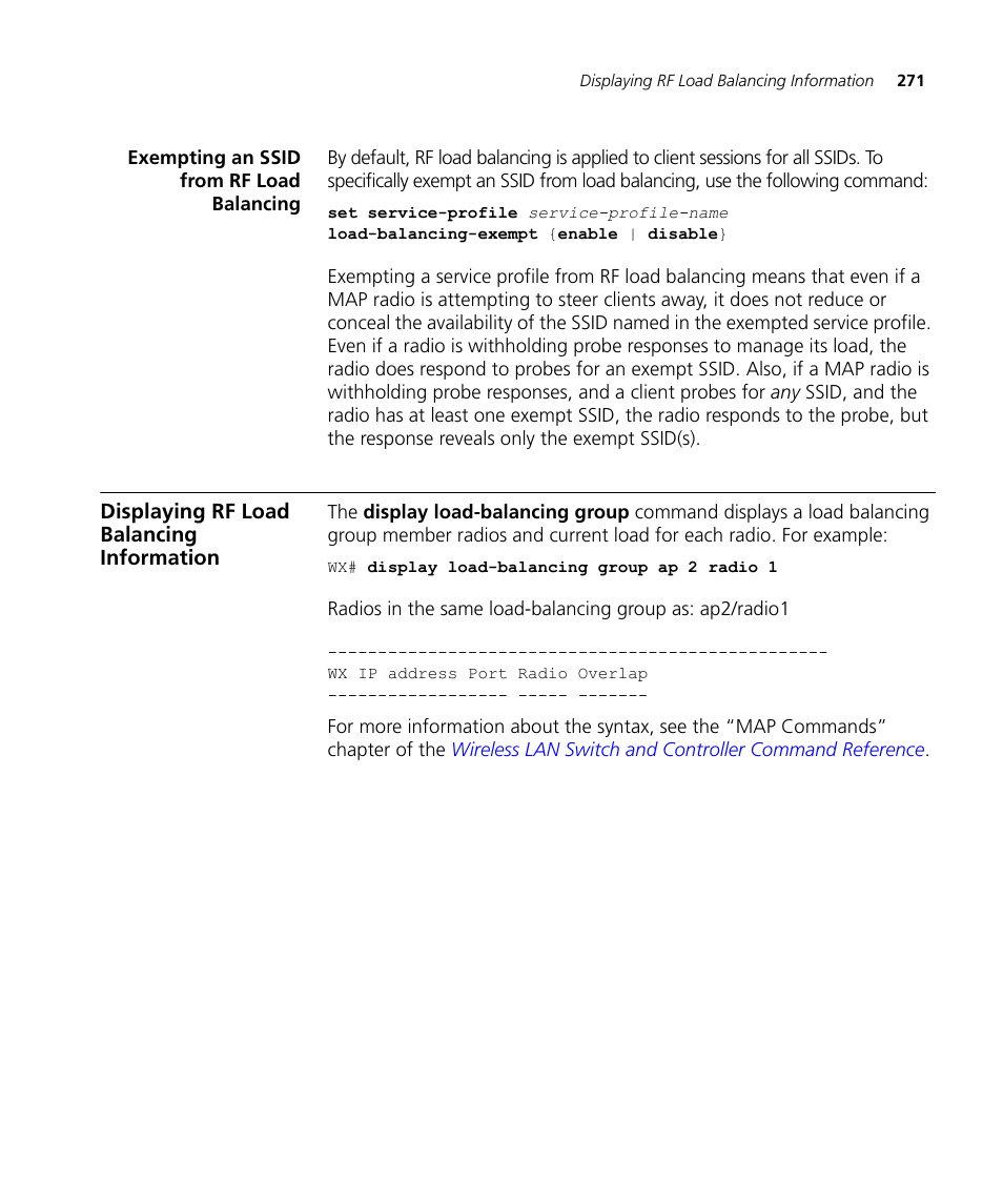 Exempting an ssid from rf load balancing, Displaying rf load balancing information | 3Com WX4400 3CRWX440095A User Manual | Page 271 / 728