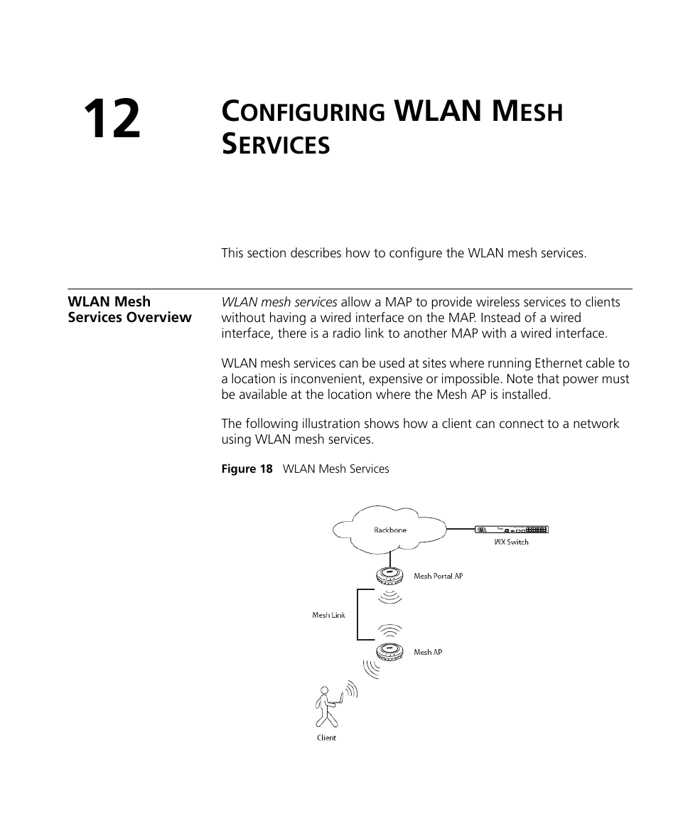 Configuring wlan mesh services, Wlan mesh services overview, Onfiguring | Wlan m, Ervices | 3Com WX4400 3CRWX440095A User Manual | Page 273 / 728