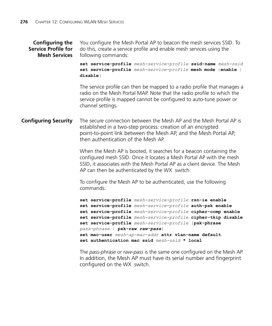 Configuring the service profile for mesh services, Configuring security | 3Com WX4400 3CRWX440095A User Manual | Page 276 / 728