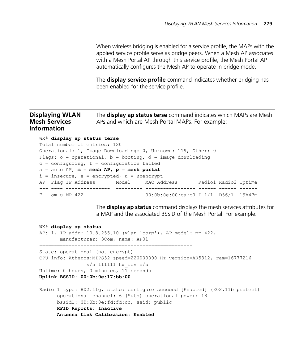 Displaying wlan mesh services information | 3Com WX4400 3CRWX440095A User Manual | Page 279 / 728