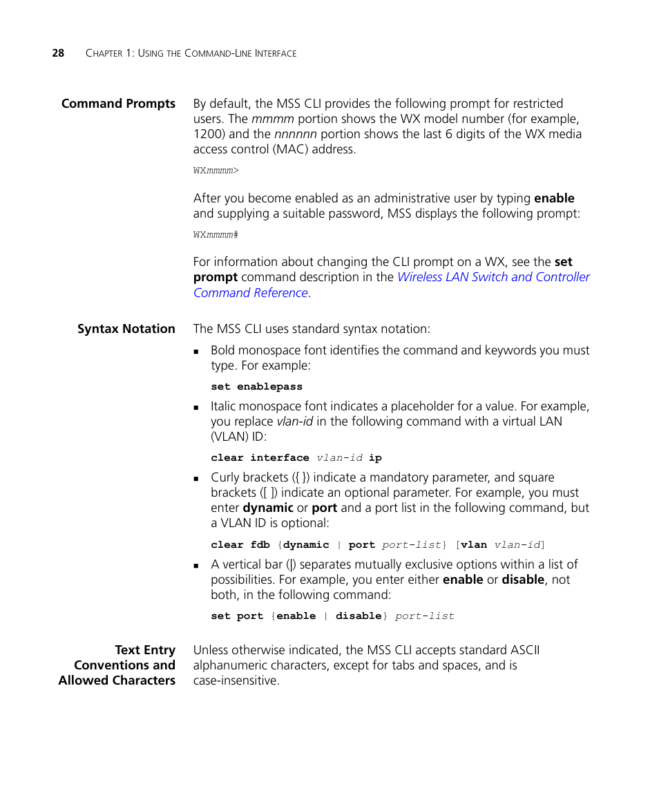 Command prompts, Syntax notation, Text entry conventions and allowed characters | 3Com WX4400 3CRWX440095A User Manual | Page 28 / 728