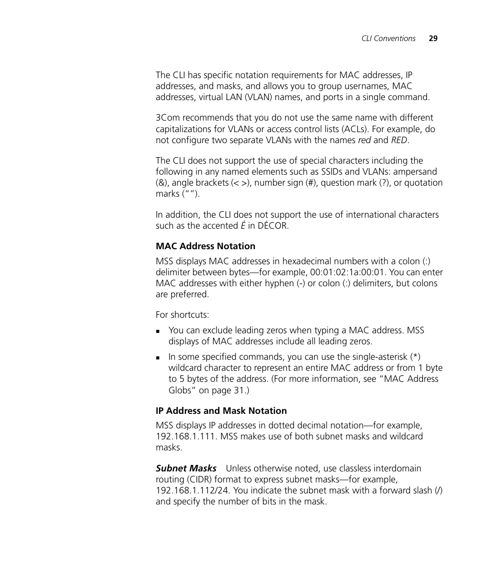 Mac address notation, Ip address and mask notation | 3Com WX4400 3CRWX440095A User Manual | Page 29 / 728