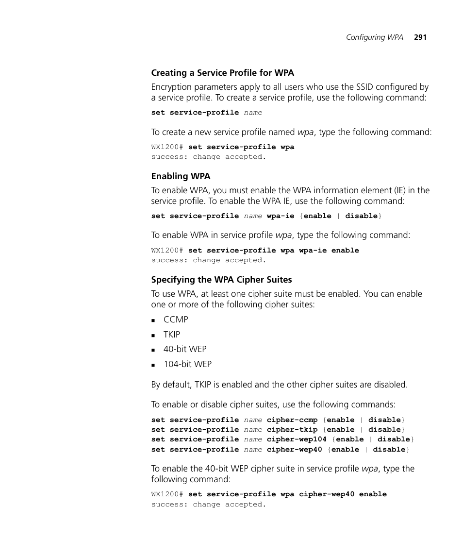 Creating a service profile for wpa, Enabling wpa, Specifying the wpa cipher suites | 3Com WX4400 3CRWX440095A User Manual | Page 291 / 728