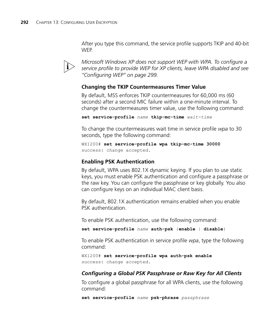 Changing the tkip countermeasures timer value, Enabling psk authentication | 3Com WX4400 3CRWX440095A User Manual | Page 292 / 728