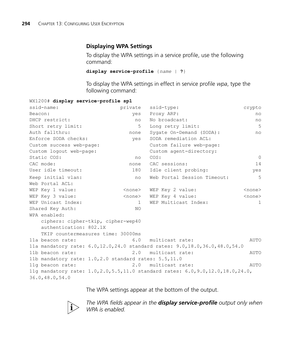 Displaying wpa settings | 3Com WX4400 3CRWX440095A User Manual | Page 294 / 728