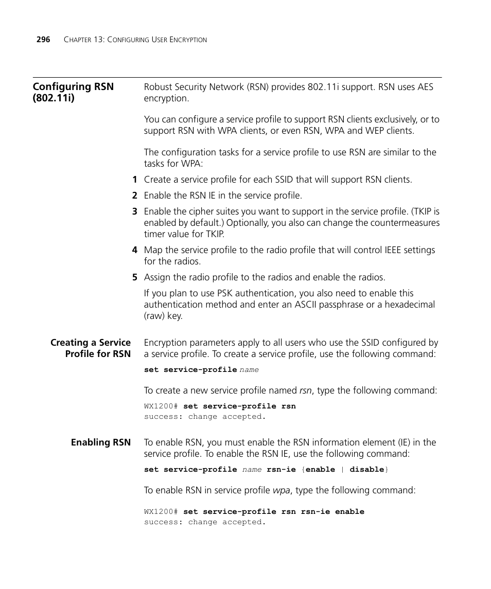 Configuring rsn (802.11i), Creating a service profile for rsn, Enabling rsn | 3Com WX4400 3CRWX440095A User Manual | Page 296 / 728