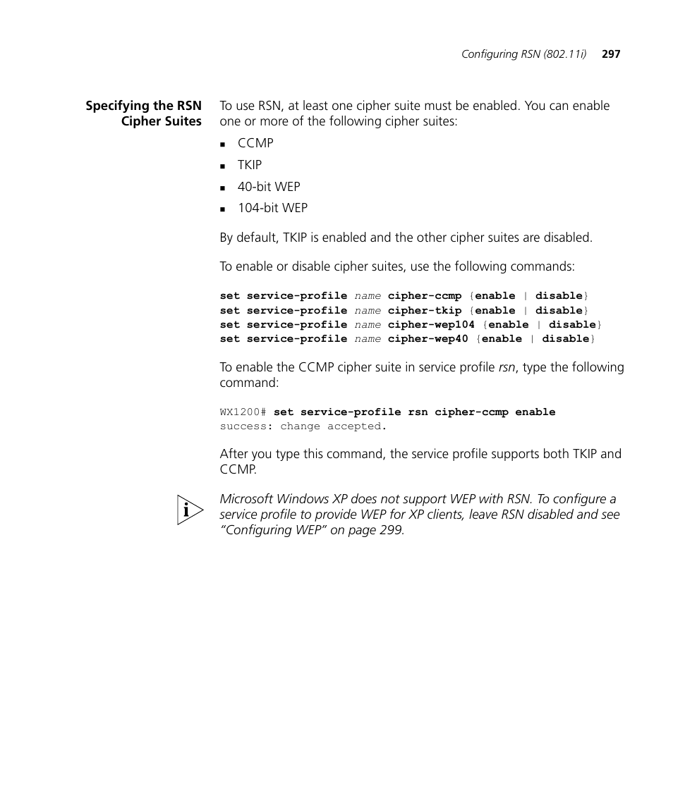 Specifying the rsn cipher suites | 3Com WX4400 3CRWX440095A User Manual | Page 297 / 728