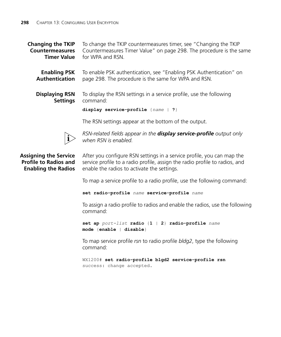 Changing the tkip countermeasures timer value, Enabling psk authentication, Displaying rsn settings | 3Com WX4400 3CRWX440095A User Manual | Page 298 / 728