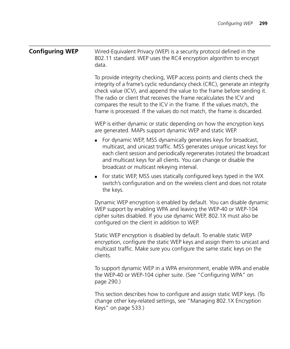 Configuring wep | 3Com WX4400 3CRWX440095A User Manual | Page 299 / 728