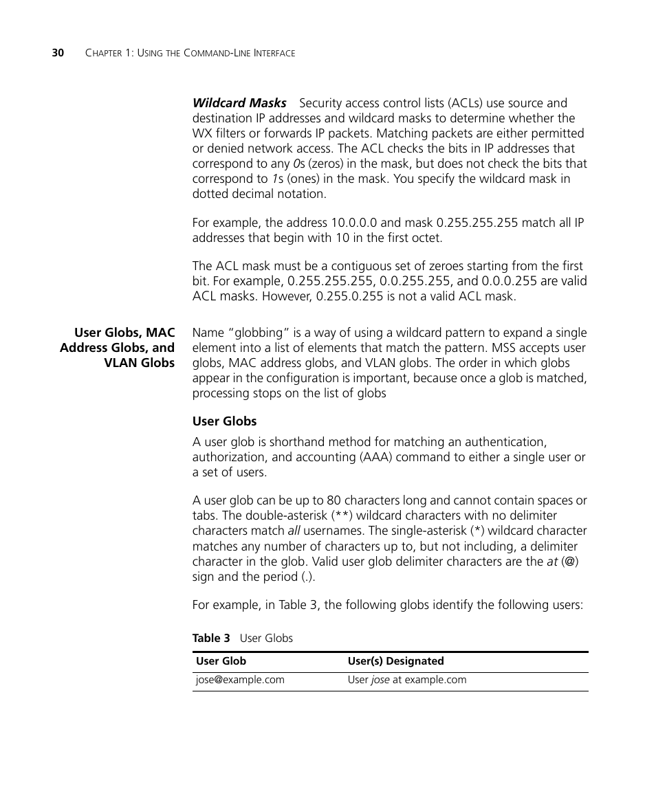 User globs, mac address globs, and vlan globs, User globs | 3Com WX4400 3CRWX440095A User Manual | Page 30 / 728